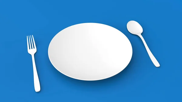 Зображення Тарілки Ложки Виделки Синьому Фоні Візуалізація Набору Посуду Мінімалістичне — стокове фото