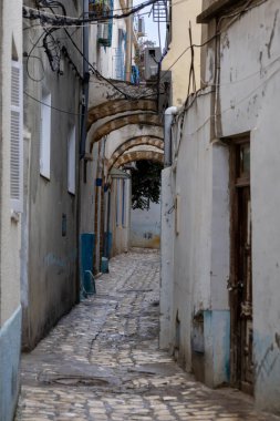 Tarihi şehir merkezinin dar sokakları, dolambaçlı sokaklar - Medina. Yeşillik ve iyi korunmuş cepheler. Bizerte, Tunus