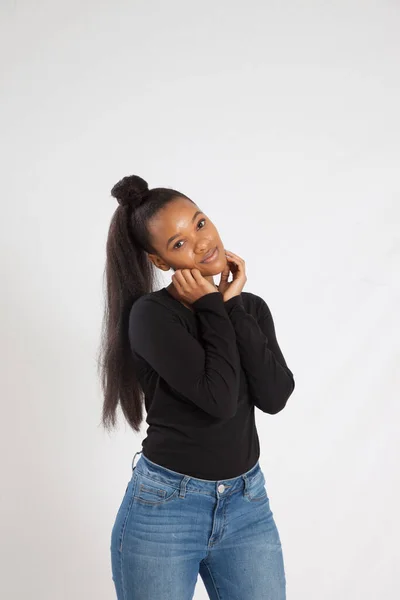 Lovely Black Woman Her Hands Her Face — Stock Photo, Image