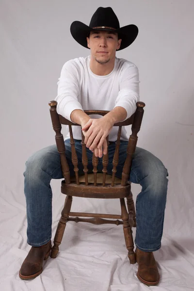 Happy Cowboy Sitting Smile — Stock Photo, Image