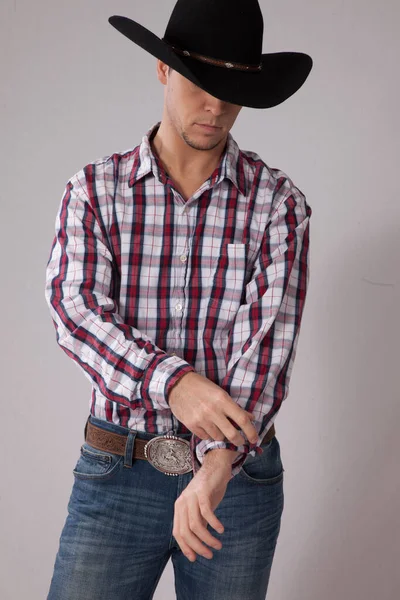 Thoughtful Young Cowboy Plaid Shirt — Stock Photo, Image