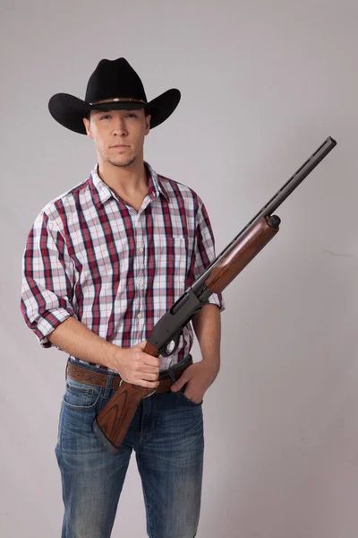 Töprengő Cowboy Kezében Egy Shotgun — Stock Fotó