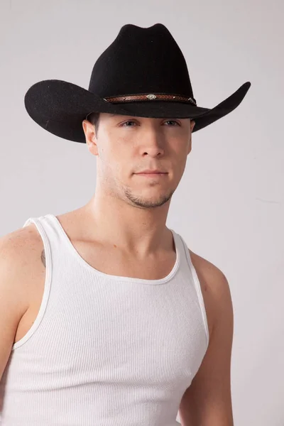 Pensive Man Undershirt Black Cowboy Hat — Stock fotografie