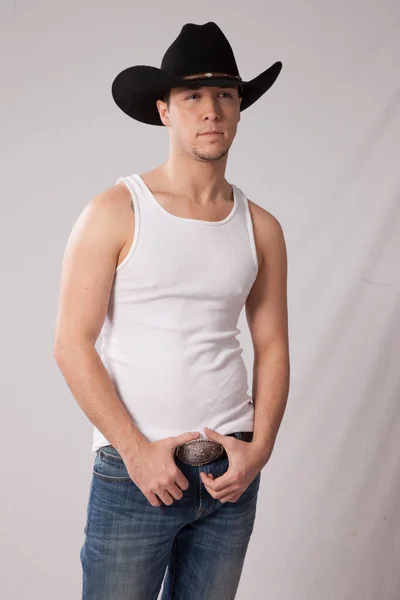 Pensive Man Undershirt Black Cowboy Hat — Stock Photo, Image