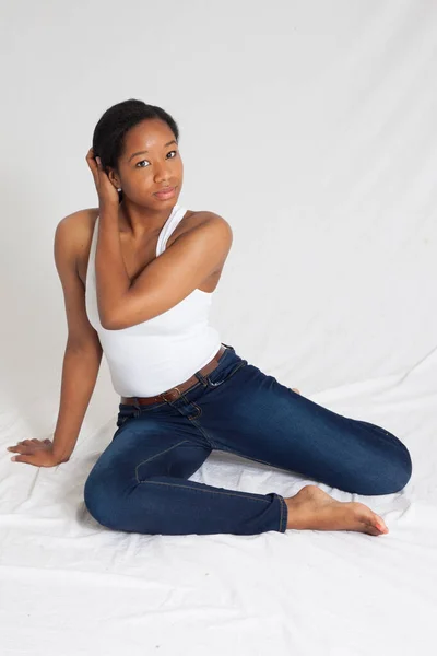 Pensive Black Woman Tank Top — Stock Photo, Image