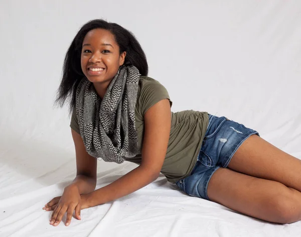 Lovely Black Woman Laying Smile — Stock Photo, Image