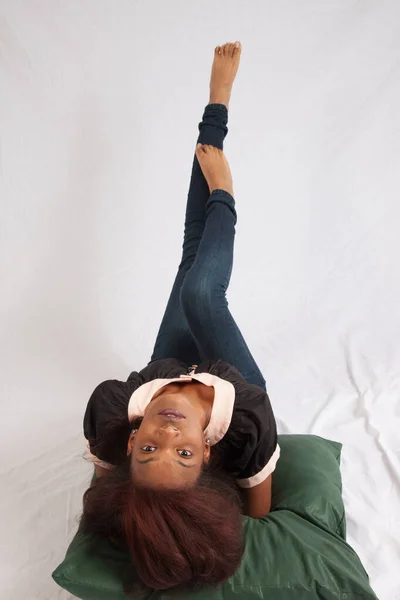 Pensive Woman Laying Her Back Her Legs — Stock Photo, Image