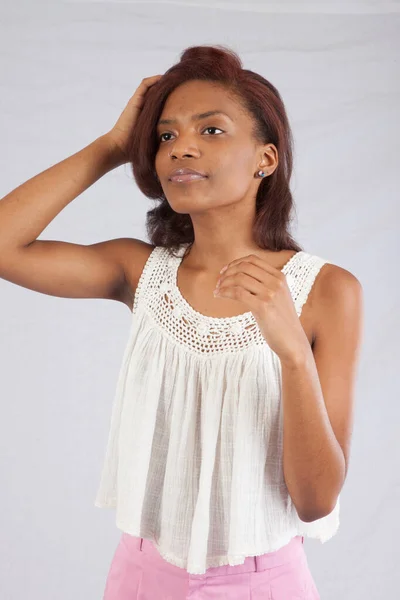 Lovely Black Woman Looking Thoughtful — Stock Photo, Image