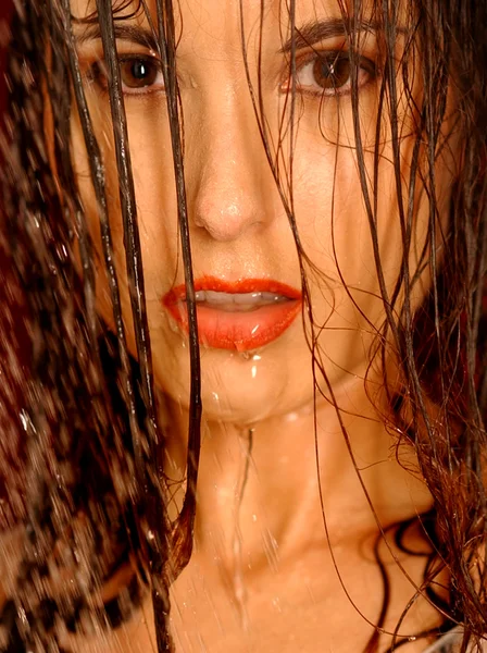性感的黑发女郎，湿漉漉的头发 — 图库照片