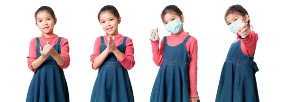 汚れをきれいにするための石鹸で手を洗うアジアの女の子の複数のショットと感染症ウイルスを保護し クリッピングパスと白の背景にアルコールスプレーボトルを保持するための保護顔マスクを身に着けています — ストック写真