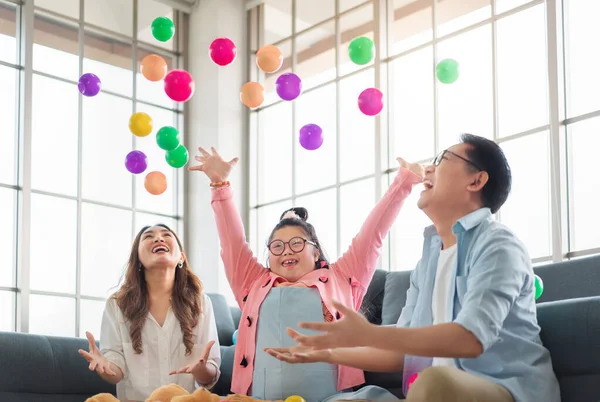 Happy Asian Family Sitting Carpet Playing Throw Lot Colored Balls — Stock Photo, Image