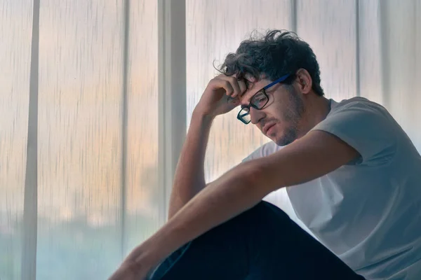 Depressed Caucasian Man Losing Job Heartbroken Same Time Sitting Alone — Stock Photo, Image