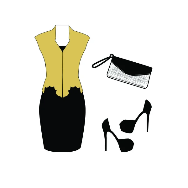 Vestido negro, bolso y zapatos — Vector de stock