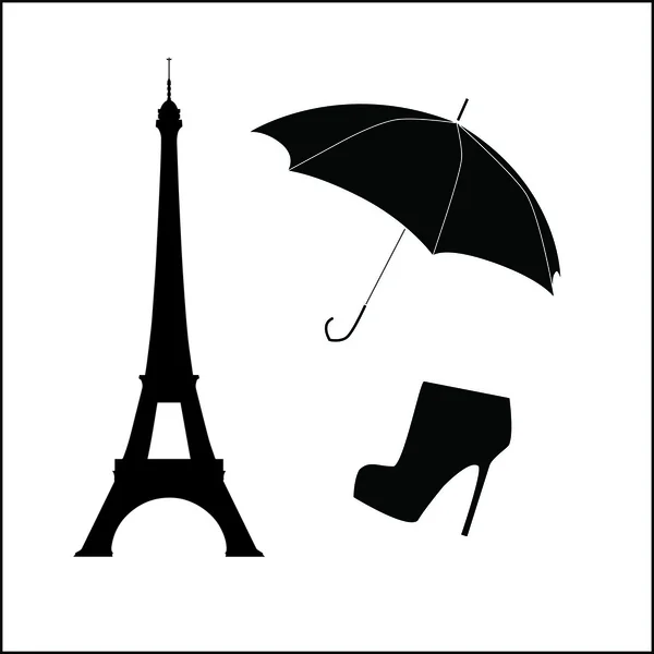 Torre Eiffel con paraguas y zapato — Vector de stock