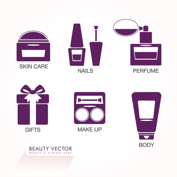 Conjunto de 6 iconos de cosméticos planos para el marcado y etiquetado de paquetes de productos de belleza, elementos de interfaz de usuario del sitio web — Vector de stock