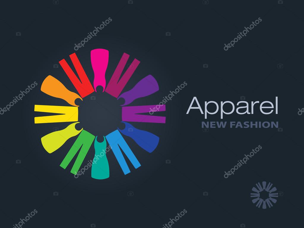 Clothes forming a colorful circle icon. Business sign template for Fashion industry, apparel labeling, clothes boutique. Vector graphics representing concept of diversity, freedom, beautiful clothes. Sample text. Editable, layered design.