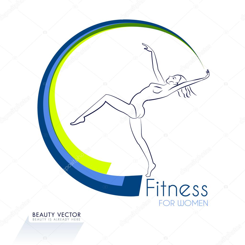Female gymnast with symbolic gymnastic ribbon silhouette vector illustration. Fitness & Beauty sign, identity template for fitness club, beauty industry. Sport, beauty, freedom concept. Sample text.