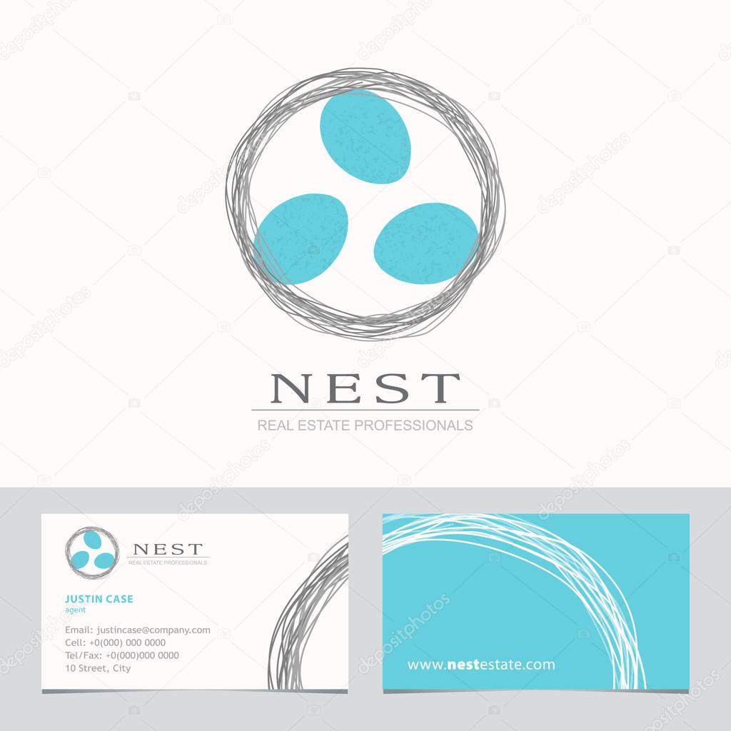 Nest with Bird Eggs Business sign & Business card. Vector template for real estate agency, architecture bureau, interior designer, home decor boutique, home insurance, building & renovation. Corporate web site element. Sample text. Layered, editable.