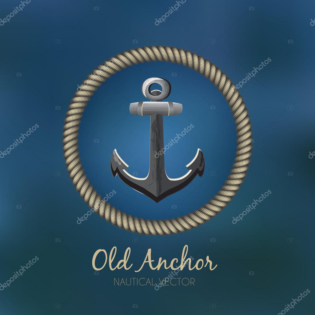 Anchor & Rope sailing badge or business sign template vs blue ocean blurred background. Nautical banner with rope frame. Corporate identity template. Editable, layered vector illustration. Sample text, typography proposal. Layered, editable design.