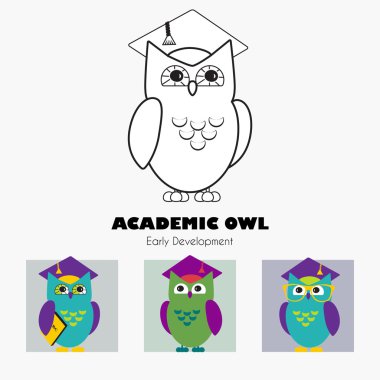 Baykuş lisansüstü şapka eğitim vektör simge şablonu içindeki doğrusal ve düz stil.