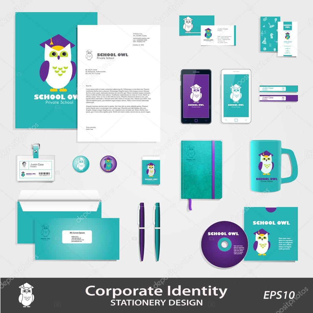 Owl in Graduate Hat educational vector icon & corporate identity template for school, after-school kid activities, book club or library. Folder, business cards, labels, badge, CD cover, notebook, smartphone, mug design. Sample text. Layered, editable