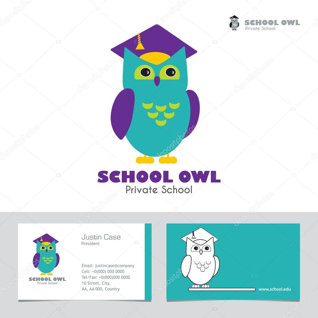 Owl in Graduate Hat educational vector icon template in flat style. School, pre-school, after-school kid activities, back to school, book club or library concept. Sample text. Layered editable