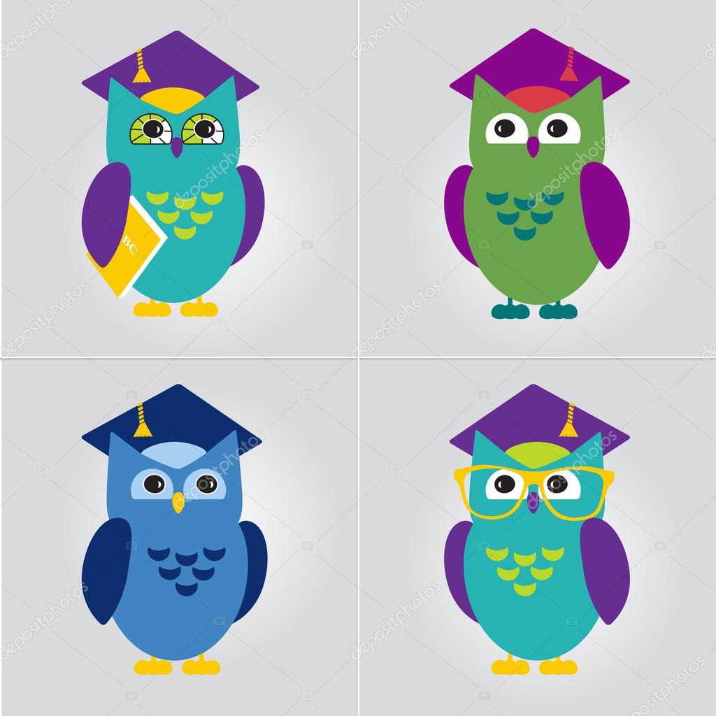 Owl in Graduate Hat educational vector icon template in flat style. School, pre-school, after-school kid activities, back to school, book club or library concept. Sample text. Layered editable
