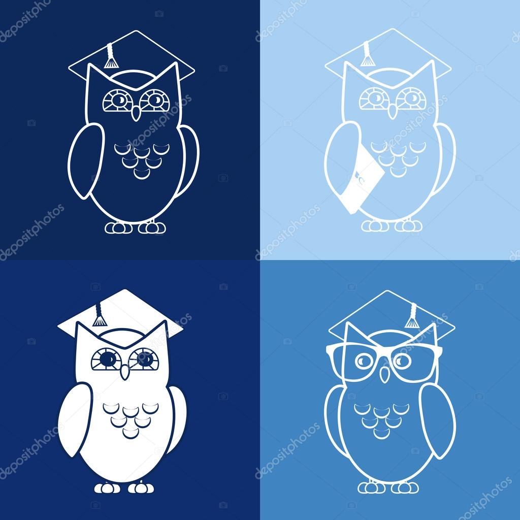 Owl in Graduate Hat educational vector icon template in flat style. School, pre-school, after-school kid activities, back to school, book club or library concept. Sample text. Layered editable