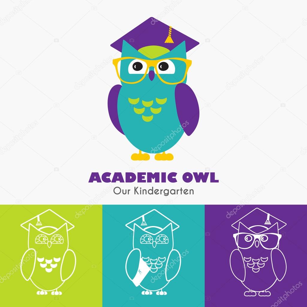 Owl in Graduate Hat educational vector icon template in flat style. School, pre-school, after-school kid activities, back to school, book club or library concept. Sample text. Layered editable