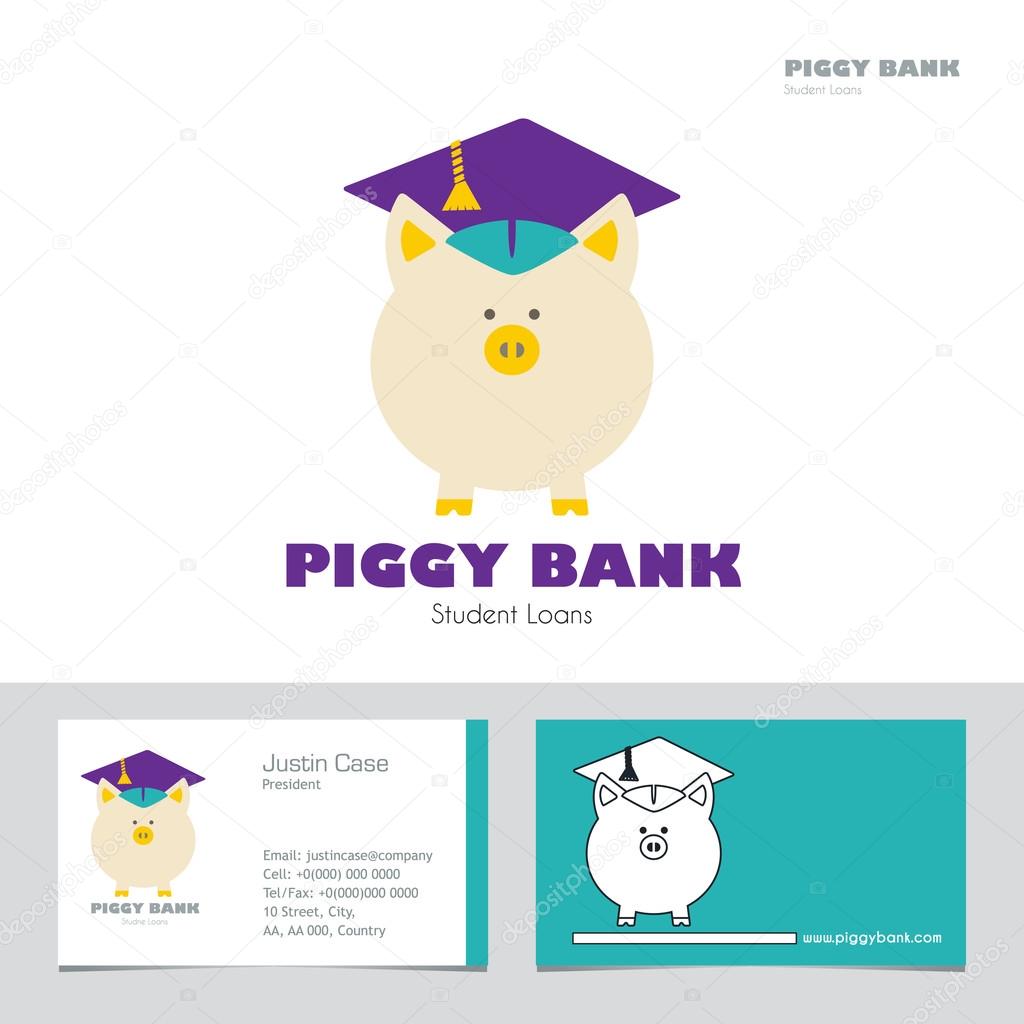 Piggy Bank in Graduate Hat vector sign & business card template in flat style. Educational icon template. Student loan, financial aid, money saving for education concept. Corporate web site element. Sample text Layered editable