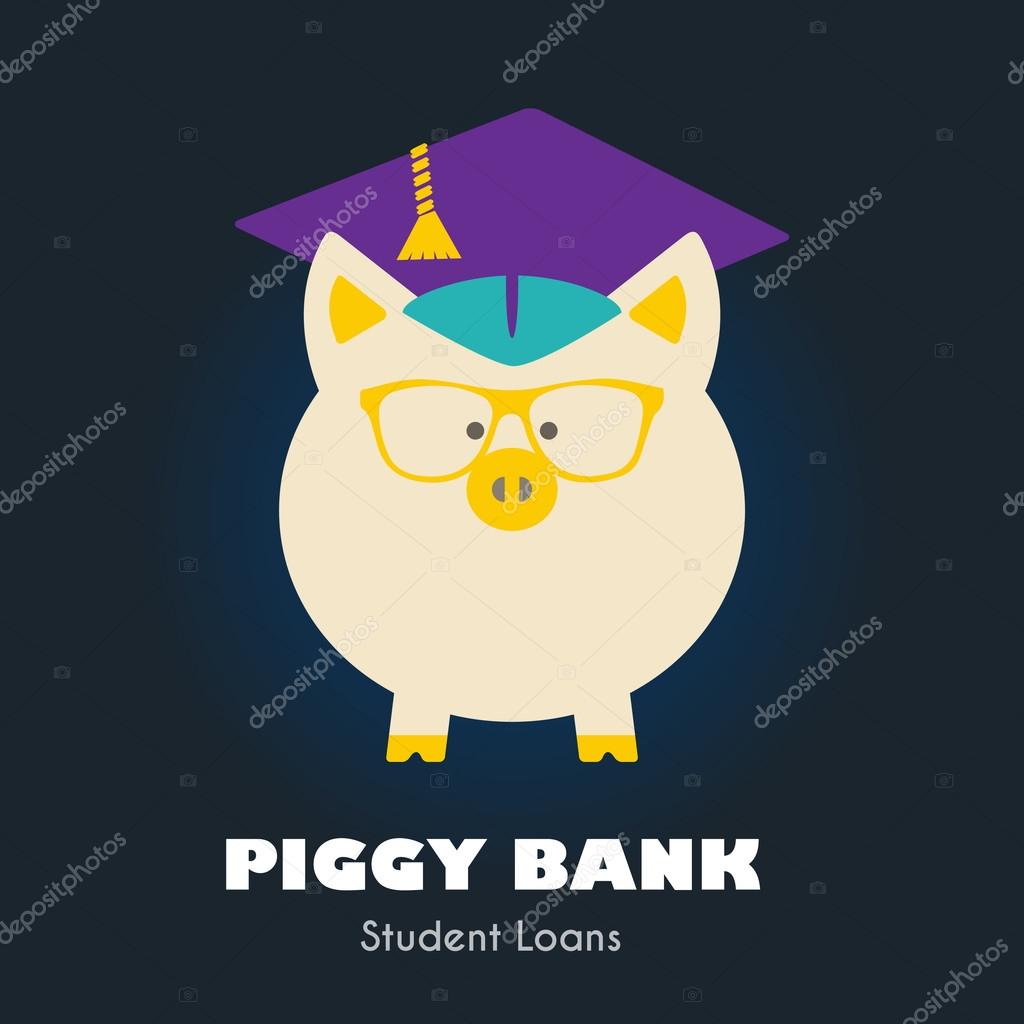 Piggy Bank in Graduate Hat & Glasses vector sign. Educational icon, business sign template. Student loan, financial aid, money saving plan for high education concept. Sample text. Corporate web site or business card element. Layered,  editable design