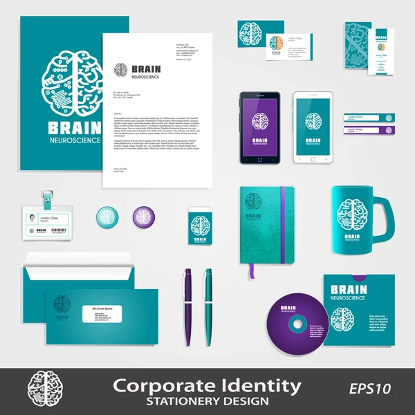 Modello di Business Identity Medical Science impostato con l'icona del vettore Human Brain . — Vettoriale Stock