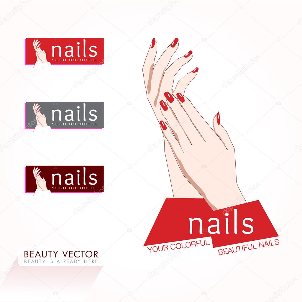 Woman's hands with red nails vector illustration. Beauty Icon business sign and signboard template set for Beauty Industry, Nail Salon, Beauty Salon, Manicure, Spa, Cosmetic procedures, Cosmetic labeling. Layered, editable
