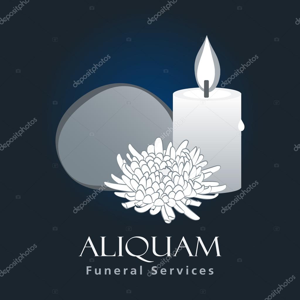 Funeral Services business sign vector template. Funeral ceremony invitation card concept with traditional Jewish symbols: stone & candle. Funeral Home web site or business card elements. Sample text.