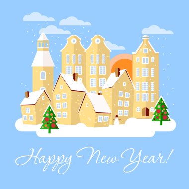 Noel ve yeni yıl tebrik kartı ile kış kentsel peyzaj