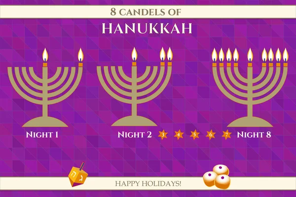 Hanukkah menora candele illuminazione ordine spiegazione vettoriale infografica . — Vettoriale Stock