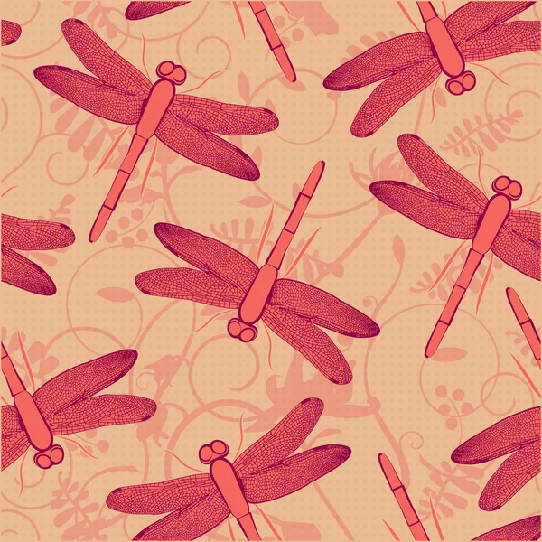 Dragonfly seamless vector pattern. Bright summer background in red. — Stock Vector