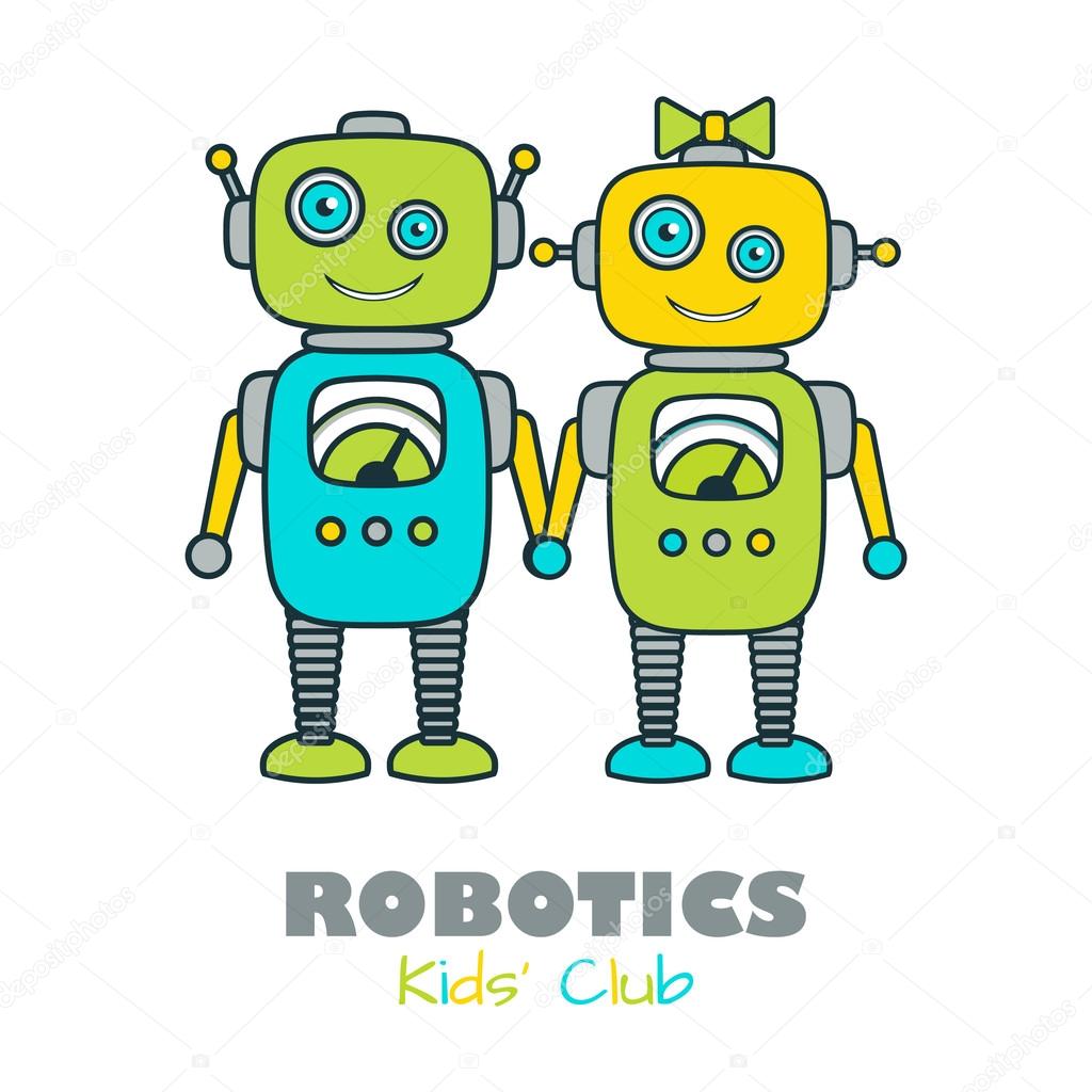 Cute Robot cartoon character educational flat icon template.