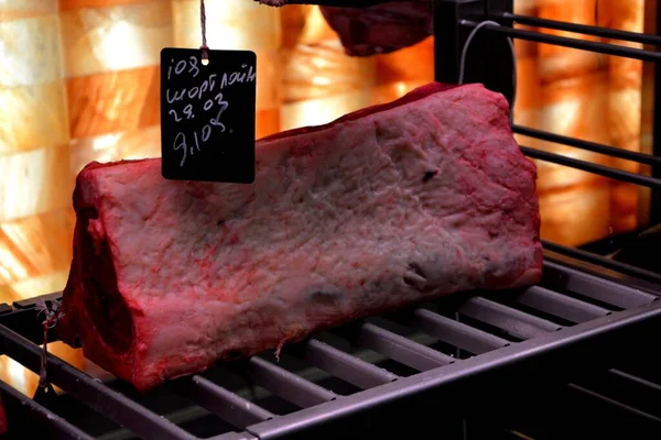 Beef ham. Butcher\'s shop. Meat milking steaks