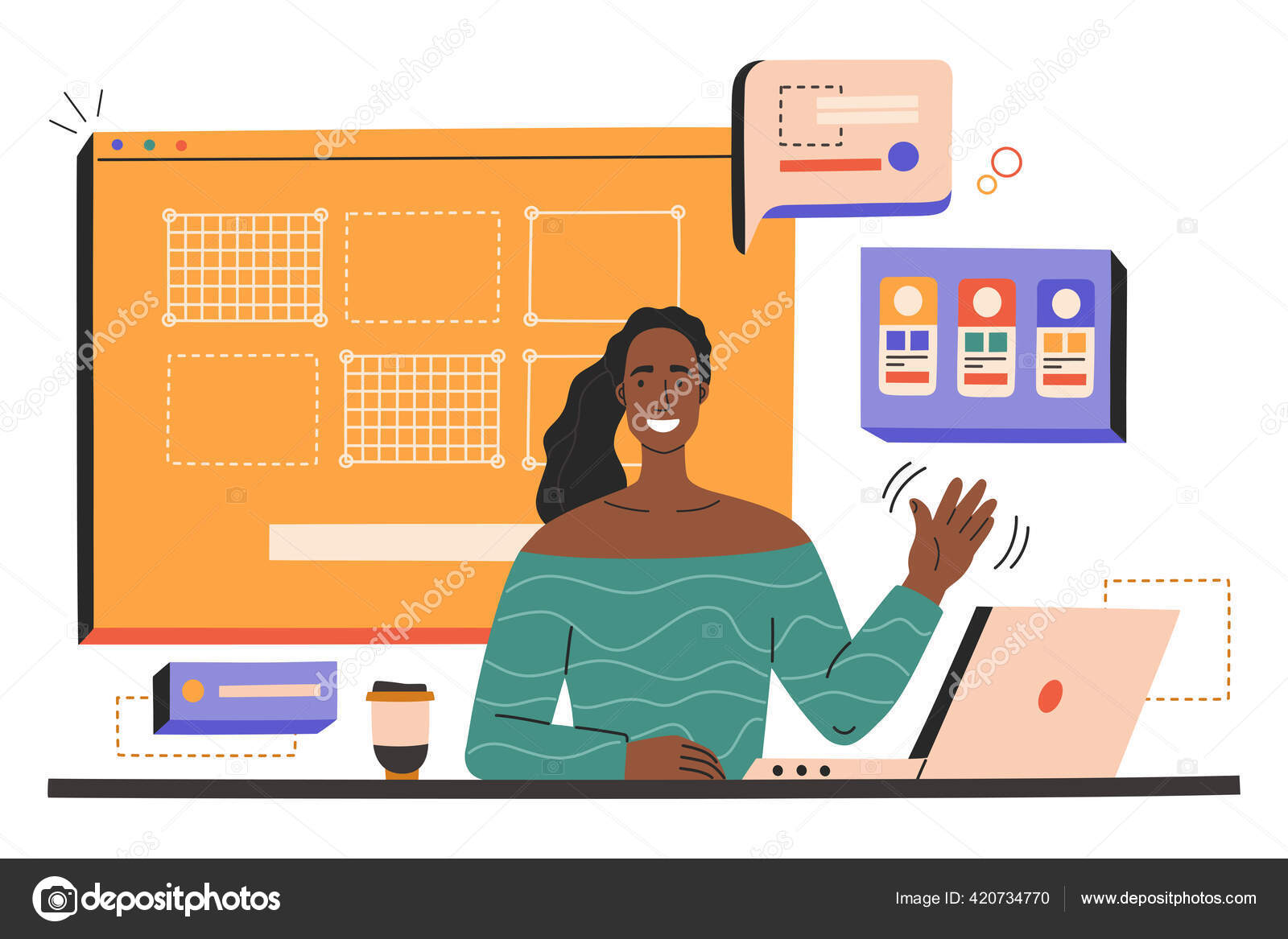 Senyum Wanita Muda Dengan Laptop Membuat Desain Web Tempat Kerja Stok Vektor Maybealice 420734770