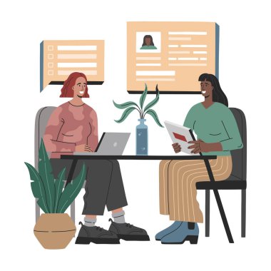 İş görüşmesi, iki güzel kadın boş yer için adayla sohbet ediyor. Baş avcı ve genç kız modern düz çizgi film tarzı, vektör çizimi konsepti, beyaz arkaplan. 