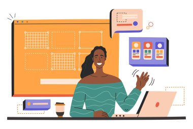 Dizüstü bilgisayarı olan gülümseyen genç bir kadın iş yerinde web tasarımı, serbest çalışan, web sitesi, arayüz ve mobil uygulama yaratıyor. Beyaz arkaplanda düz çizgi film tarzında el çizimi vektör illüstrasyonu. 