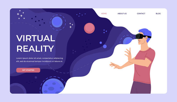 Landing page concept, men explores space in goggles. Happy young guy in virtual reality glasses learninig online, website. Vector illustration in flat cartoon style. 