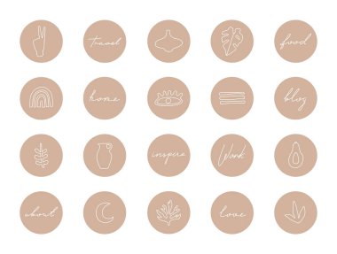 Yuvarlak röfle kapakları, soyut şekiller ve çizgiler, blog yazarı ve nüfuz sahibi için modern sosyal medya simgeleri. Pastel renklerde öykü için el çizimi moda öğeler, boho tarzı izole.