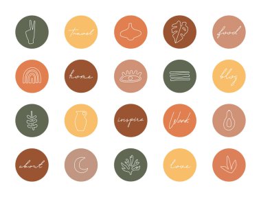 Büyük renkli kapaklar, soyut şekiller ve çizgiler, iş için modern sosyal medya simgeleri. Parlak renkli blogcu ve etkili kişiler için el çizimi moda öğeler, boho stili izole.