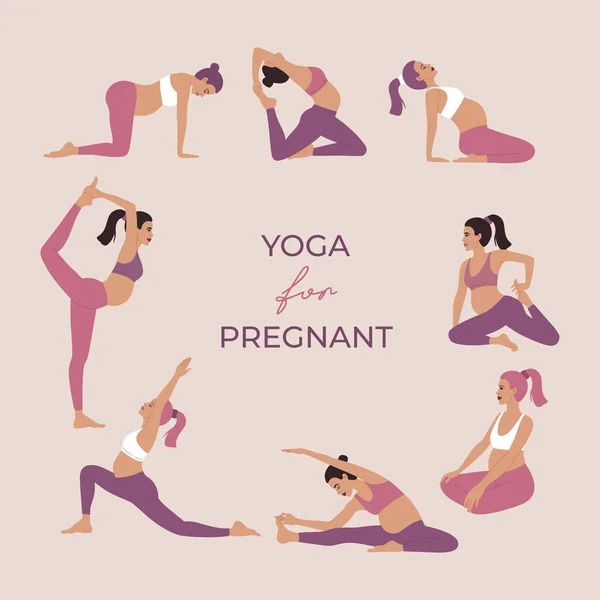 Hamile kadınlar için yoga seti, aktif gebelik, fiziksel egzersiz yapan genç kızların sağlık hizmetleri, düz çizgi film tarzında modern el çizimleri, hafif arka planda izole edilmiş. 