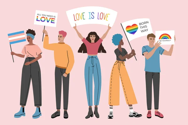 Bir grup insan ellerinde posterler, semboller, işaretler ve bayraklar tutuyorlar. Igbt gökkuşakları, gay geçit töreni, gurur ayı. İnsan hakları. Düz çizgi film tarzında elle çizilmiş vektör çizimi, pembe arkaplanda izole edilmiş.. 