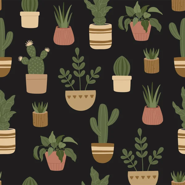 現代の家の植物のシームレスなパターンは トレンディーな手のポットでエキゾチックな花を描き 黒の背景にフラットスタイル パステルカラーのトレンディーな要素 包装紙や繊維のためのヒップスターブーホスタイル — ストックベクタ