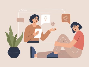 Çevrimiçi psikoterapi, psikolojik danışmanlık, video görüşmesi, sorunlara yardım, doktor ve hasta tartışmaları. Beyaz arkaplanda izole edilmiş, modern düz çizgi film tarzında vektör illüstrasyonu. 