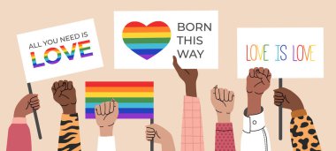 Lezbiyen, biseksüel ve transseksüel posterler, gökkuşaklı semboller ve bayraklar, eşcinsel onur geçidi. LGBT hakları için gösteri. Sarı arkaplanda düz çizgi film tarzında vektör illüstrasyonu. 